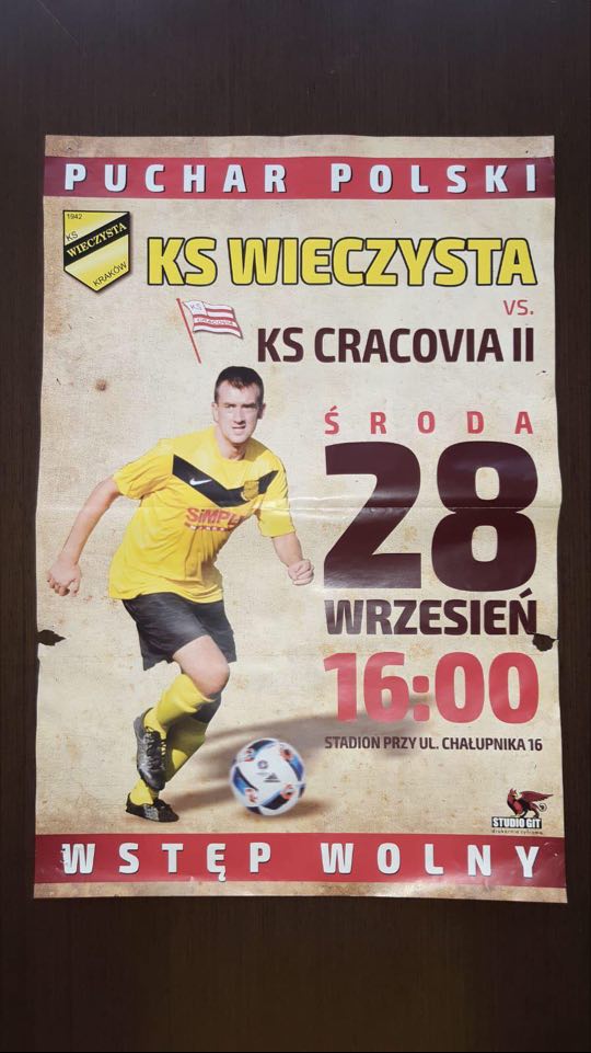 Plakat zapowiadający spotkanie KS Wieczysta Kraków przeciw Cracovii II w okręgowym Pucharze Polski