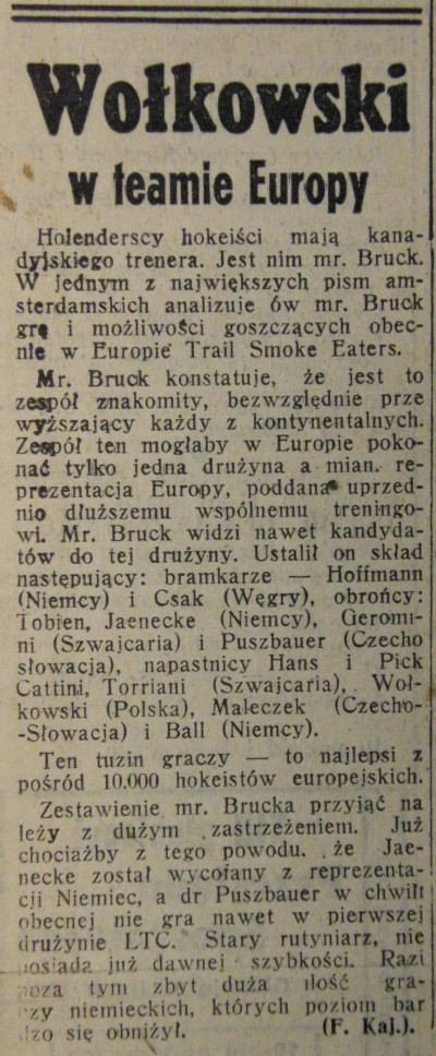 Informacja o powołaniu do kadry Europy w Przeglądzie Sportowym z 1939