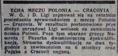 Informacja o karach po meczu w warszawskim tygodniku Przegląd Sportowy